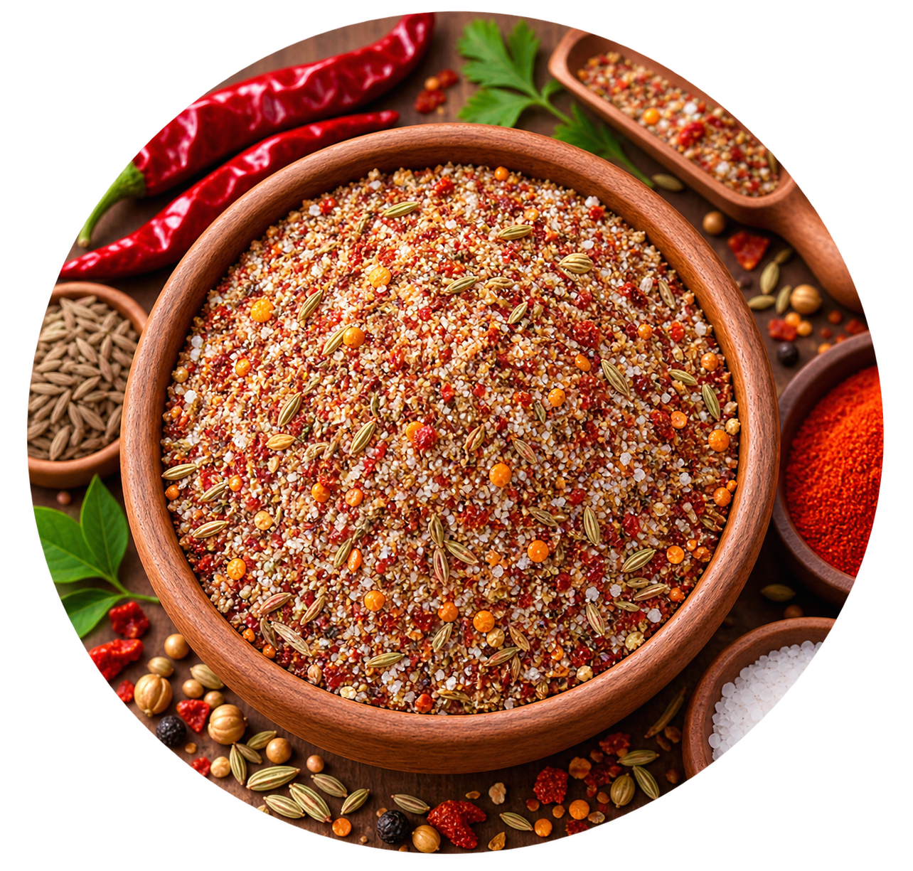 Bhabhi Ka Mix Masala — a bowl of the signature homemade blend surrounded by whole spices, red chillies, cumin and rock salt